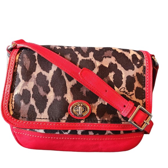 Coach Handbags - Coach Bag Ocelot Cloth + Red Leather, Animal Print, Crossbody RARE